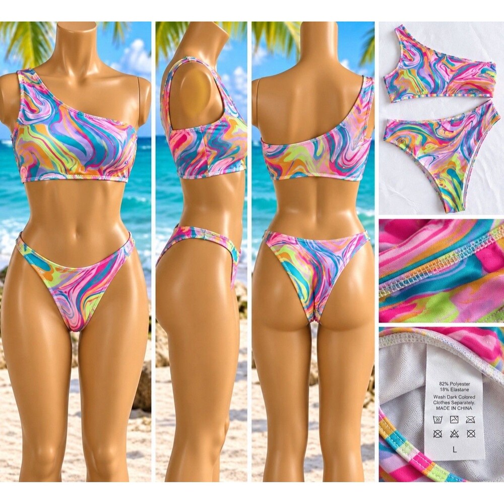 Womens Bikini Set Swimsuit  Women's Sz L Marble Swirl One Shoulder High Y2K Retr